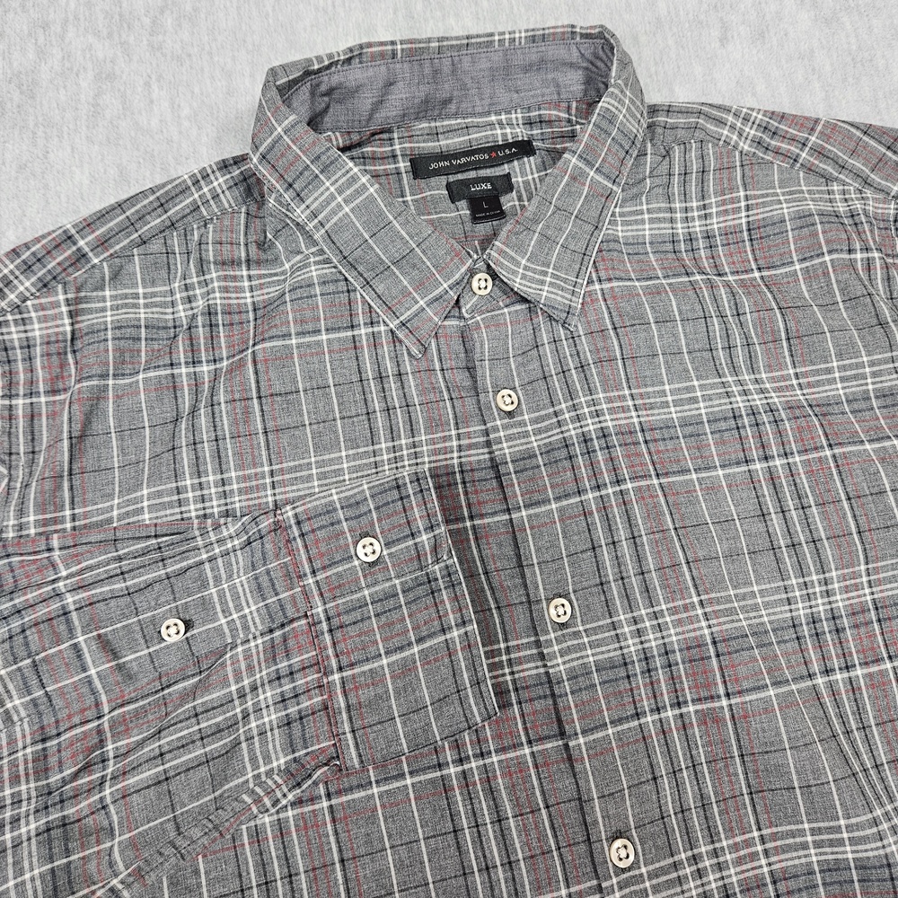 John Varvatos Shirt Mens Large Gray Red Plaid Button Up Long Sleeve Luxe Cotton